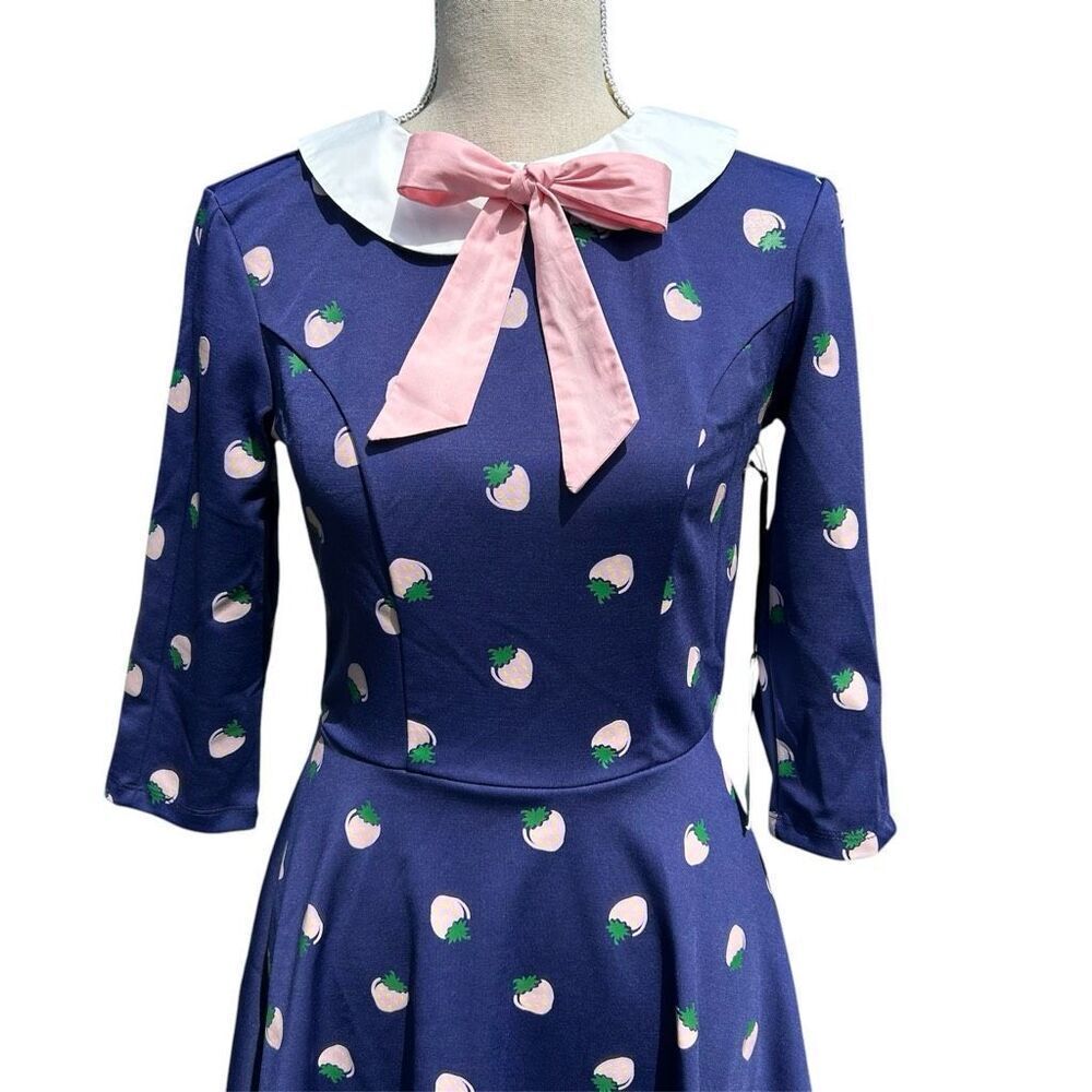 Unique Vintage Retro Inspired 50’s Navy Strawberry Fit & Flare Dress S - Picture 4 of 14